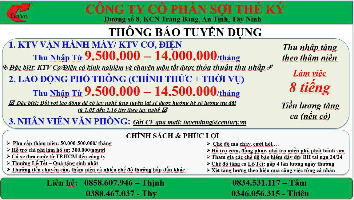 CÔNG TY CỔ PHẦN SỢI THẾ KỶ Tuyển dụng